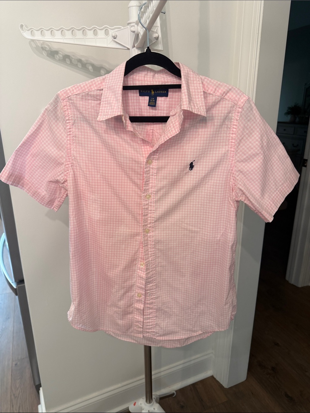 Ralph Lauren Boys sz Lg 14/16Light Pink Gingham Short-Sleeve Button-Down Shirt